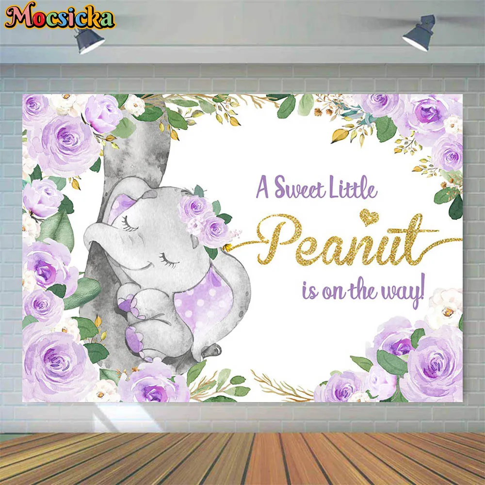 Купи Mocsicka Baby Shower Backdrop Little Elephant Holding Nose Newborn Girl Birthday Photo Background Party Decoration Purple Flower за 335 рублей в магазине AliExpress