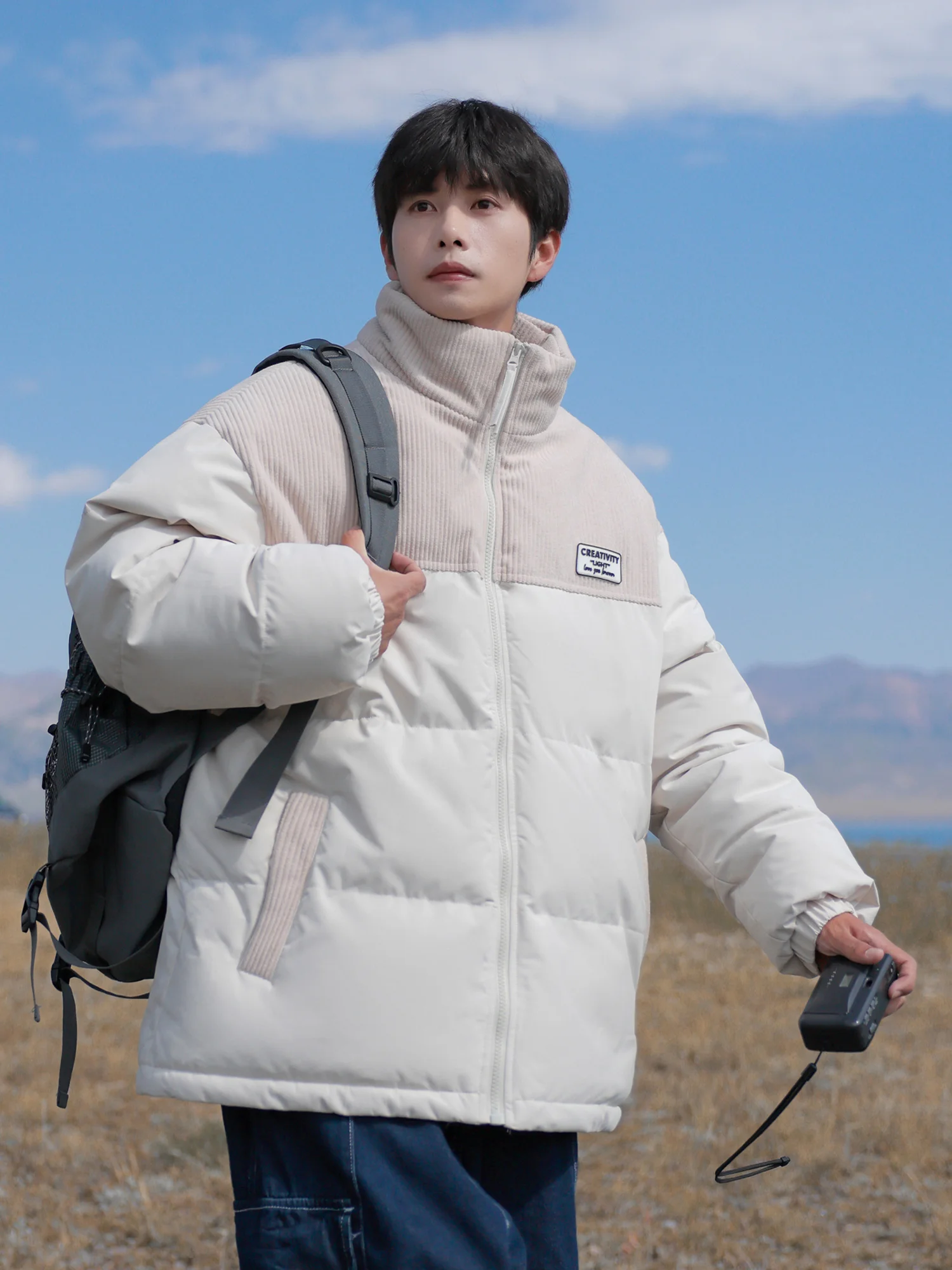 Corduroy Patchwork Stand Collar Cotton-Padded Coat Men's Winter Warm Loose Casual Outerwear Fleece-lined Thick Bread Cotton-p...