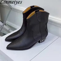 Suede Leather Ankle Boots Women Embroidery Western Cowboy Boots Pointed Toe Square Heels Short Boots Woman Runway Shoes Lady