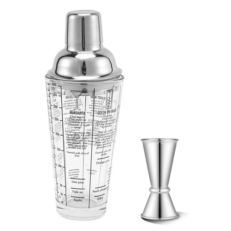 

Glass Cocktail Shaker Printed with Recipes,14Oz Martini Shaker with Double Measuring Jigger, Drink Shaker,Bartender Kit