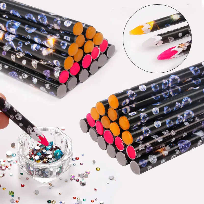 12pcs Crayon Wax Dotting Pen Pencil 3 Color Nail Art Self-adhesive Rhinestones Gems Drilling Picking Picker Tips Manicure Tools
