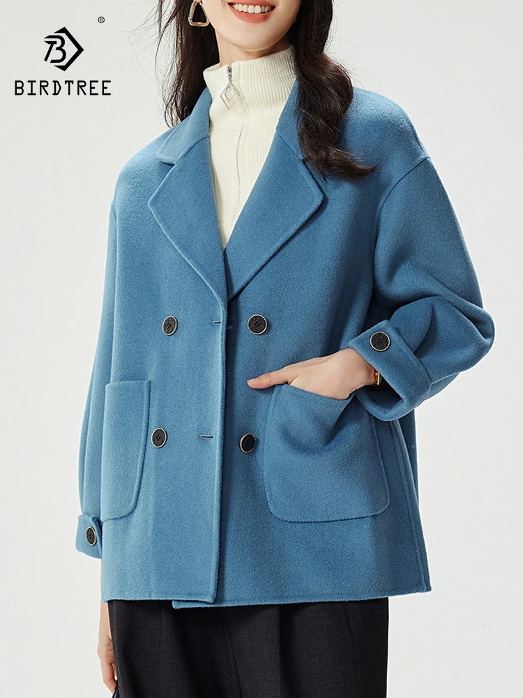 

Birdtree 66.9% овечья шерсть осенне-зимнее пальто для женщин Универсальный костюм воротник двубортный двусторонняя ткань C39344QC