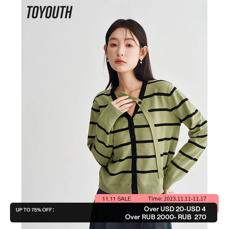 

Toyouth Women Knit Cardigan 2023 Spring Long Sleeves V Neck Loose Sweaters with Button Green Black Stripe Casual Chic Tops