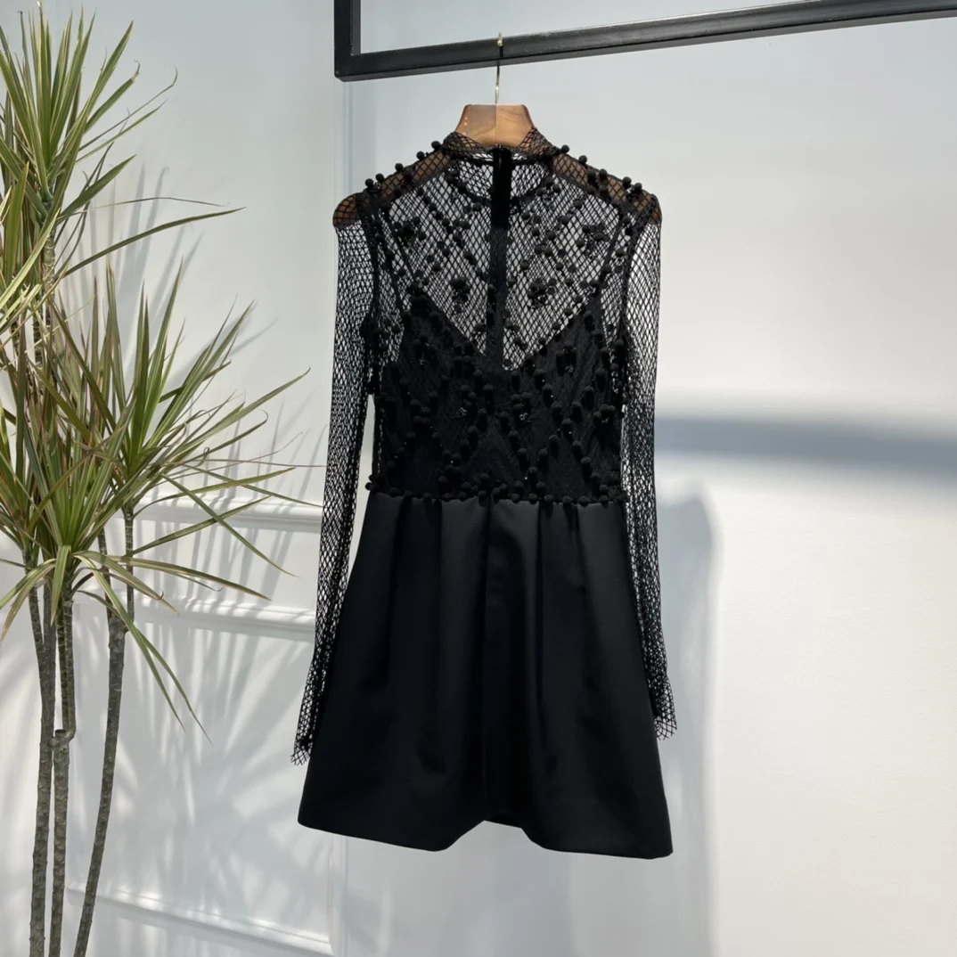 

Женское Сетчатое платье с аппликацией в виде черных шариков, однотонное платье с прозрачным рукавом, лето 2022