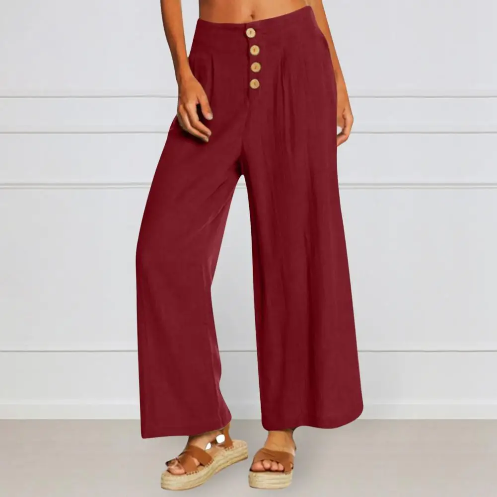 

Women Pants High Waist Elastic Waist Wide Leg Trousers Solid Color Buttons Lady Pants Ankle Length Deep Crotch Pockets Trousers