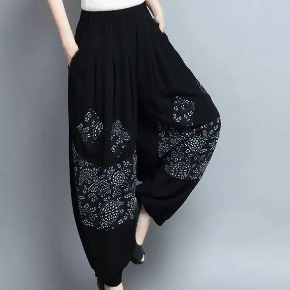 Cotton and linen bloomers women's new ethnic style casual pants summer large size loose and thin wide-leg radish