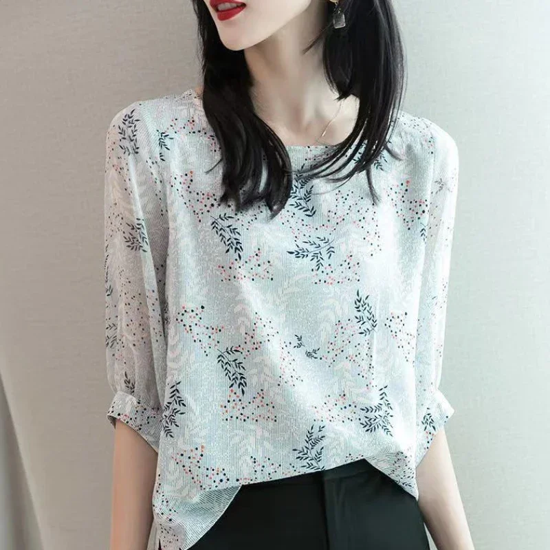 Женский шифоновый топ с полурукавами голубой узор женская рубашка и блузка