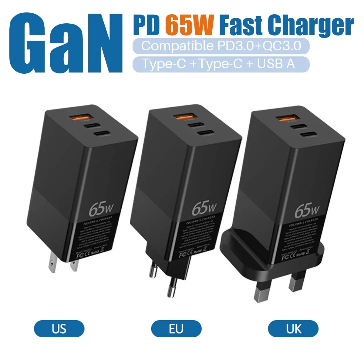 

65W GaN PD Charger PD3.0+QC3.0 Fast Charger UsbC Power Adapter Plug Travel Adapter for Smartphones Quick Charge For Mobile Phone