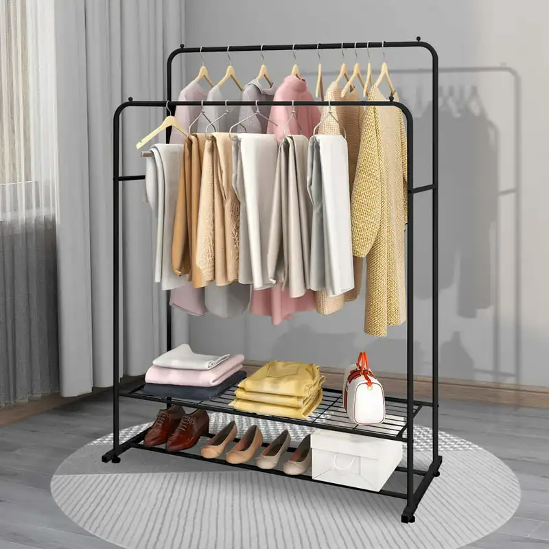 

Metal Clothes Rack Double Rods with 2 Tier Storage for Bedroom - Black