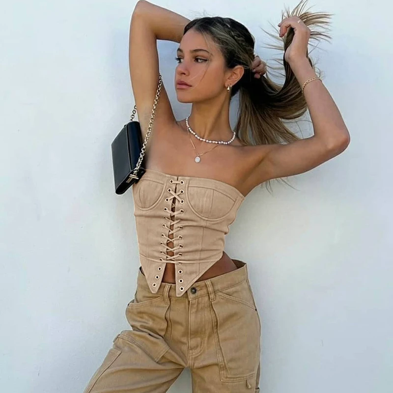 

Women's Corset Top New 2022 Strapless Hollow Out Bandage Short Top Solid Color khaki One Shoulder Corset Club Party