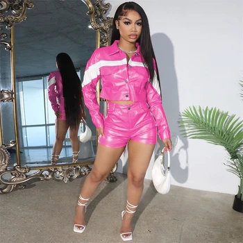 Echoine White Patchwork PU Leather Two Piece Set For Women Moto Biker Long Sleeve Jacket Top And Shorts Casual Suits 1