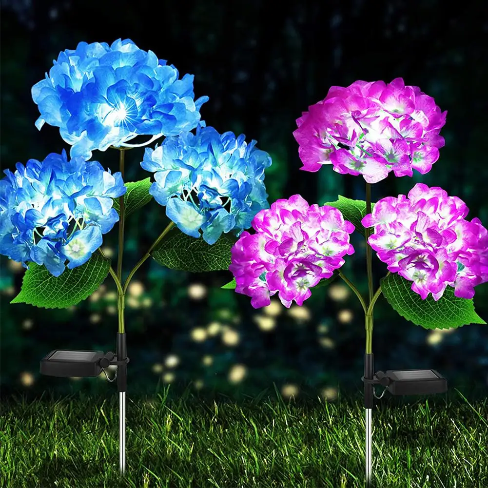 

2pcs Solar Hydrangea Flower Light 3 Heads Lawn Lamps With Stake For Outdoor Garden Patio Country Decoration Atmosphere Lamp