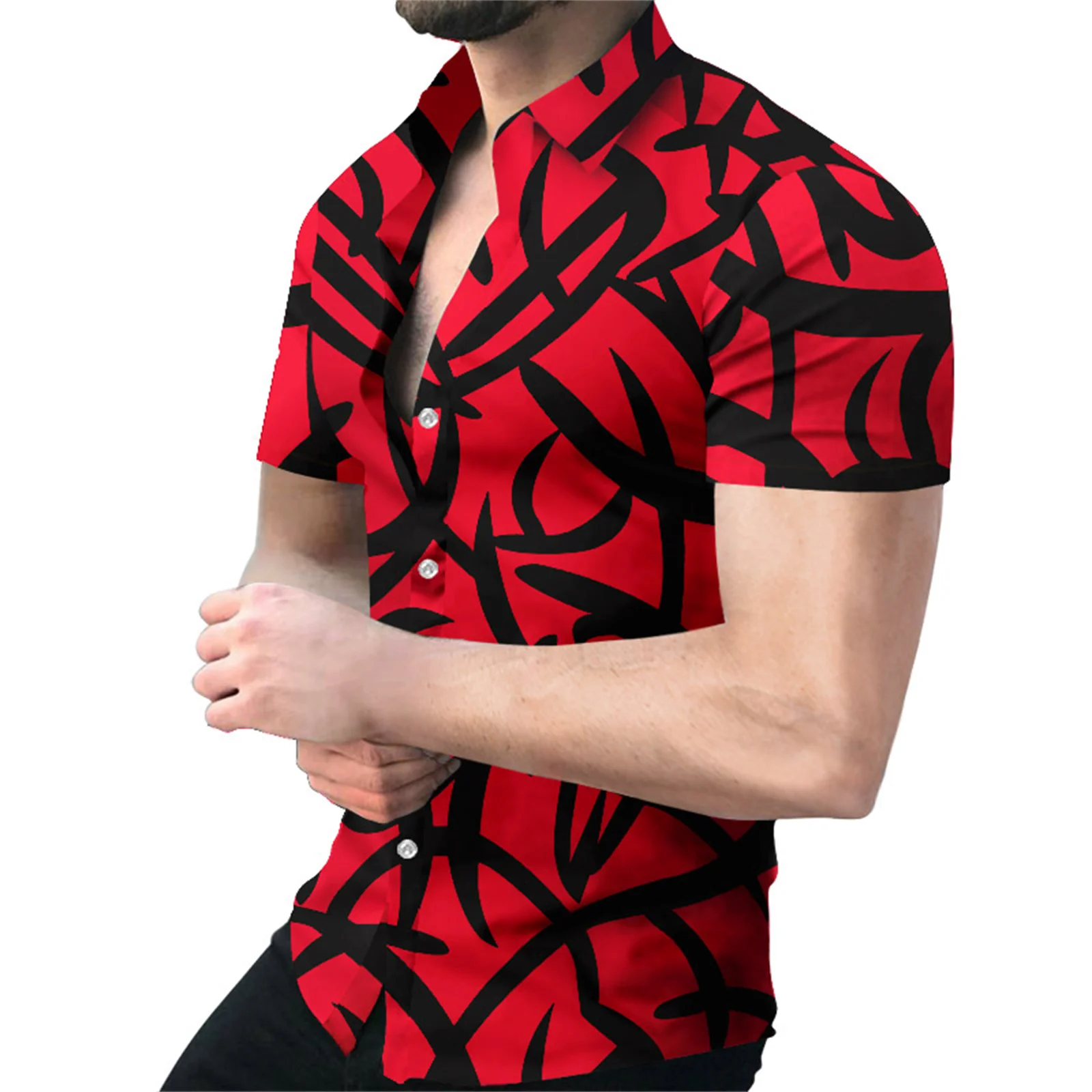 Men's Hawaiian Shirt Summer Geometric Print Short Sleeve Tees Fashion Casual Social Shirts Lapel Button Oversized Men Top
