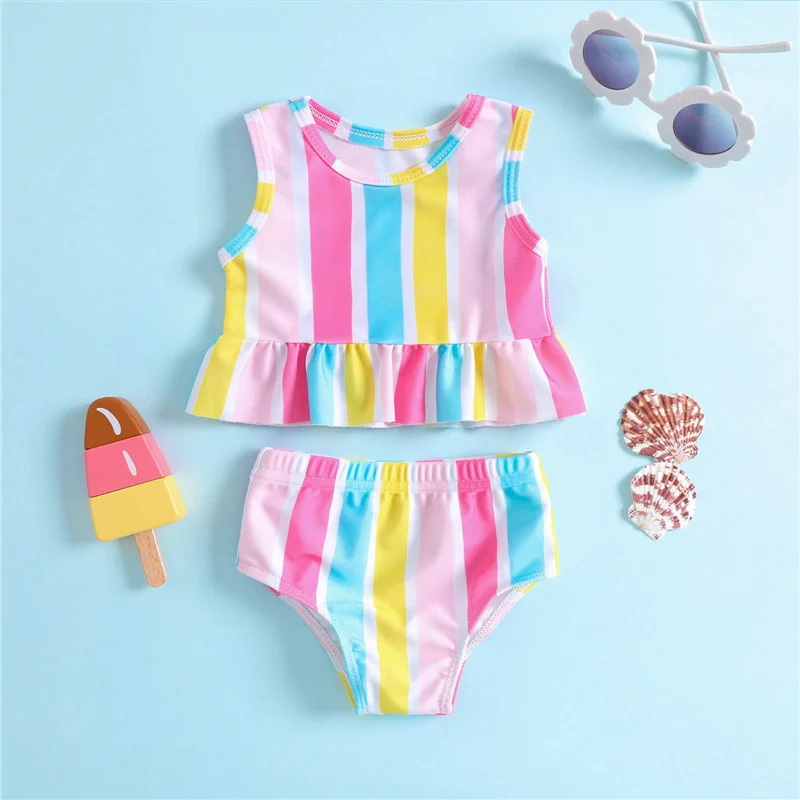 

Toddler Kids Girls Two Piece Swimsuits Summer Sleeveless Round Neck Striped Ruffles Tops + Shorts Bottoms Beach Swimwear
