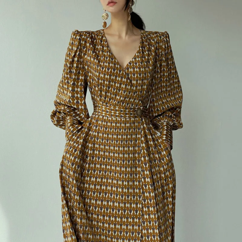 

Korean Style Cross V-neck Chic Buckle Waist Geometric Print Lantern Sleeve Dress Long Skirt Elegant Vestido De Mujer ZA Fashion