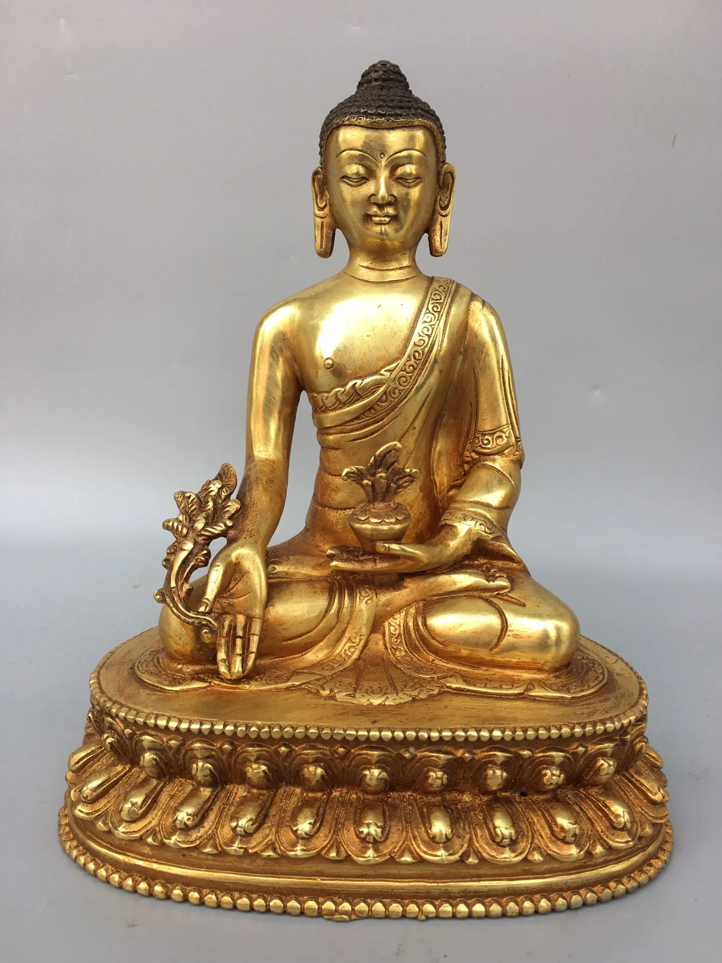 

8" Tibetan Temple Collection Bronze Gilt Medicine Buddha Amitabha lotus platform worship buddha Town house Exorcism