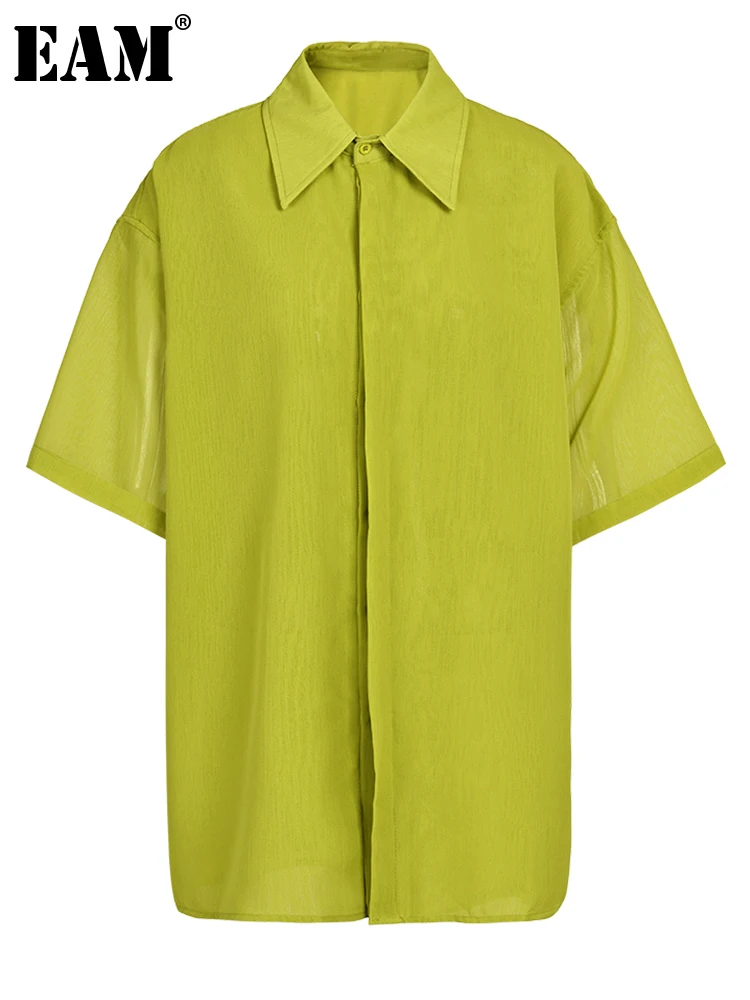 

[EAM] женская зеленая Длинная блузка большого размера с разрезом сзади, новая свободная рубашка с отворотом и коротким рукавом, модная весенн...