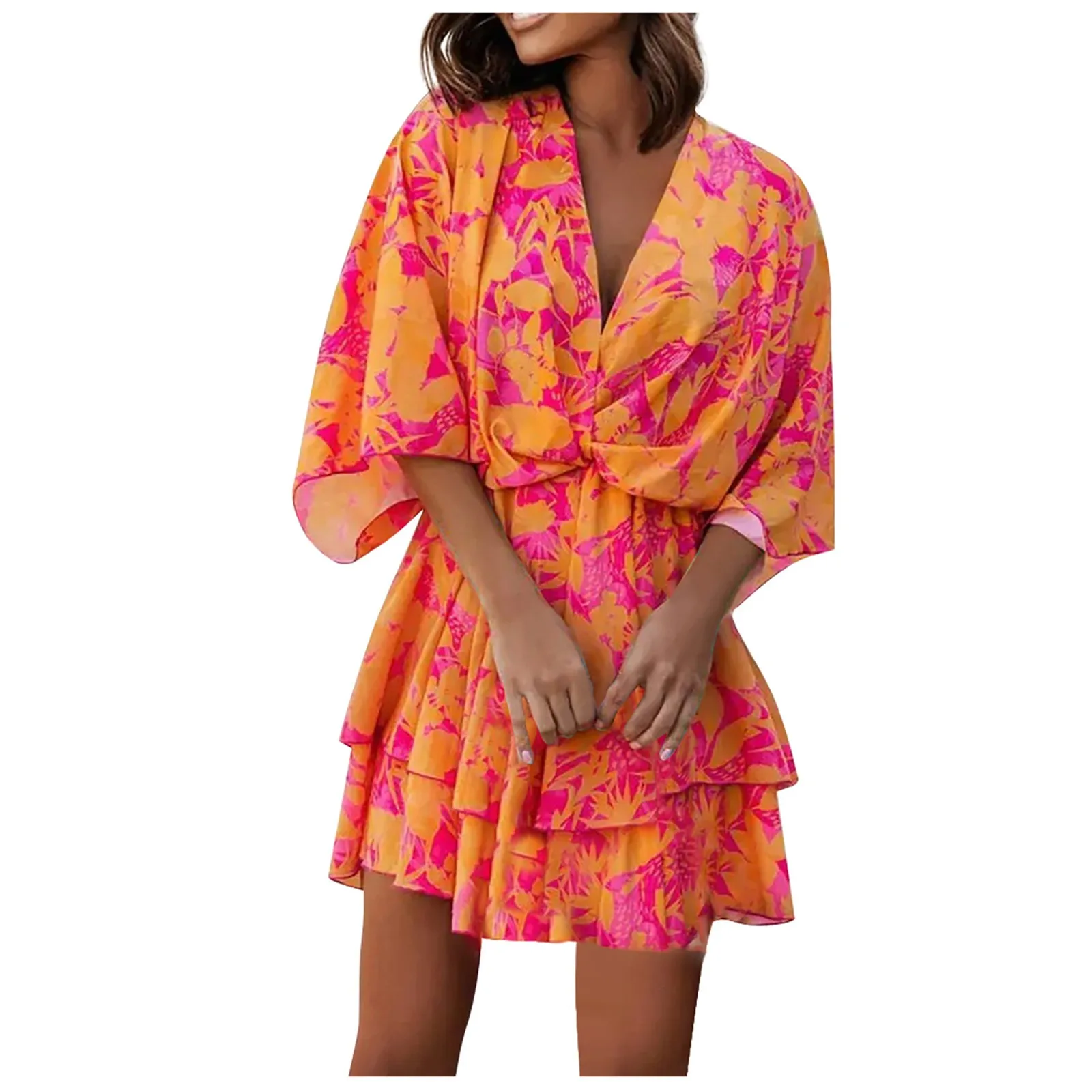 

2023 Summer Elastic Waist Printed Bohemian Sundress Women'S Casual V-Neck Loose Sleeve Party Beach Mini Dress Ethnic Style