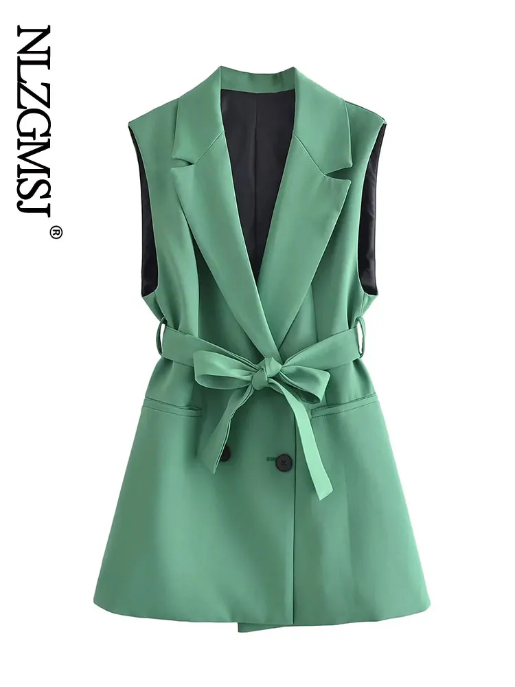 

Nlzgmsj Woman Casual Gilets Spring Vest Autumn Sleeveless Green Blazers Epaulet Notched Collar Belted Long Vest Jackets 202204