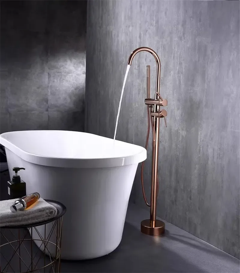 Матовый черный напольный смеситель для ванной комнаты цвета розового золота