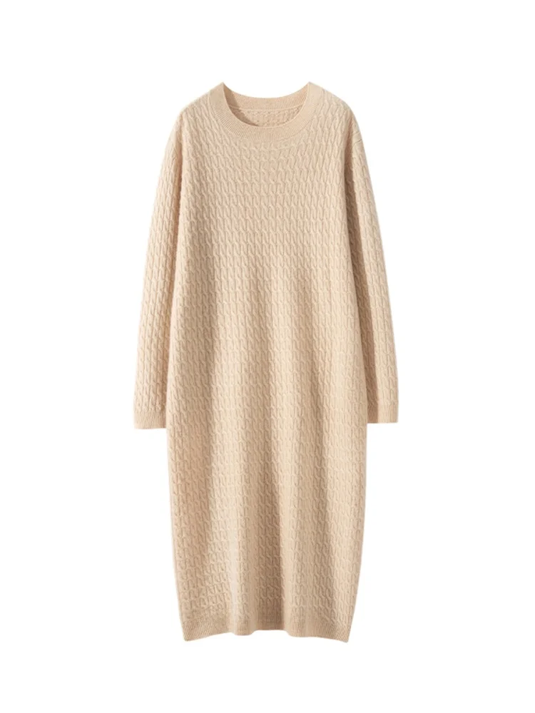 Осень-зима 2023 женское 00% чистое кашемировое платье с круглым вырезом витое