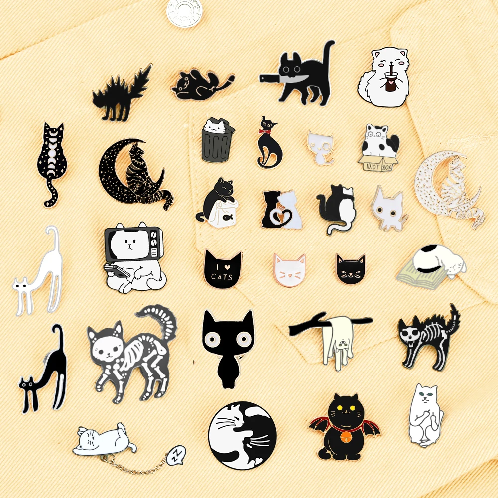 Cat Lover Collection Brooches Cute White Black Cat Badges Pins Sleepy Hug Kitty Enamel Pins Coat Hat Animal Decoration Jewelry