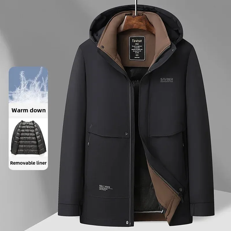 Мужская утолщенная зимняя теплая куртка со съемным внутренним капюшоном