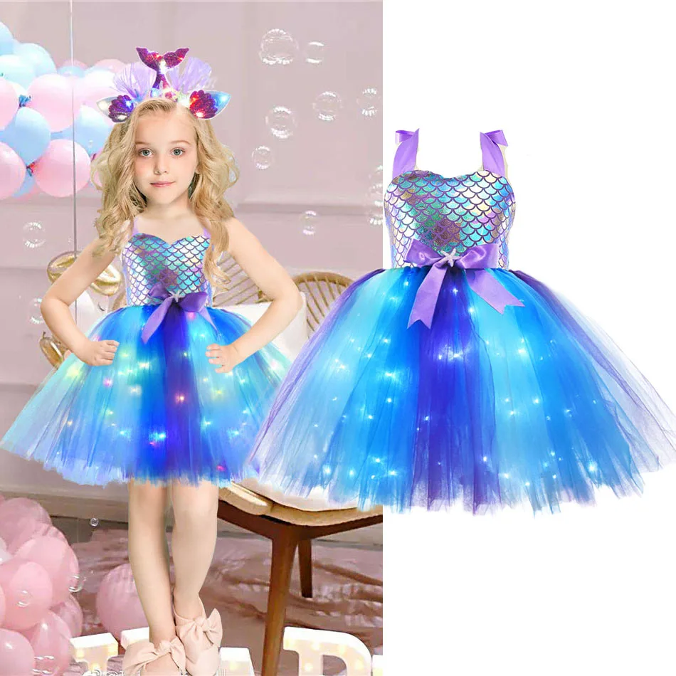 

New Little Mermaid Birthday Costume For Kid Halloween Cosplay Ariel Mermaid Party Dresses Children Carvinal Fancy Luminous Dress