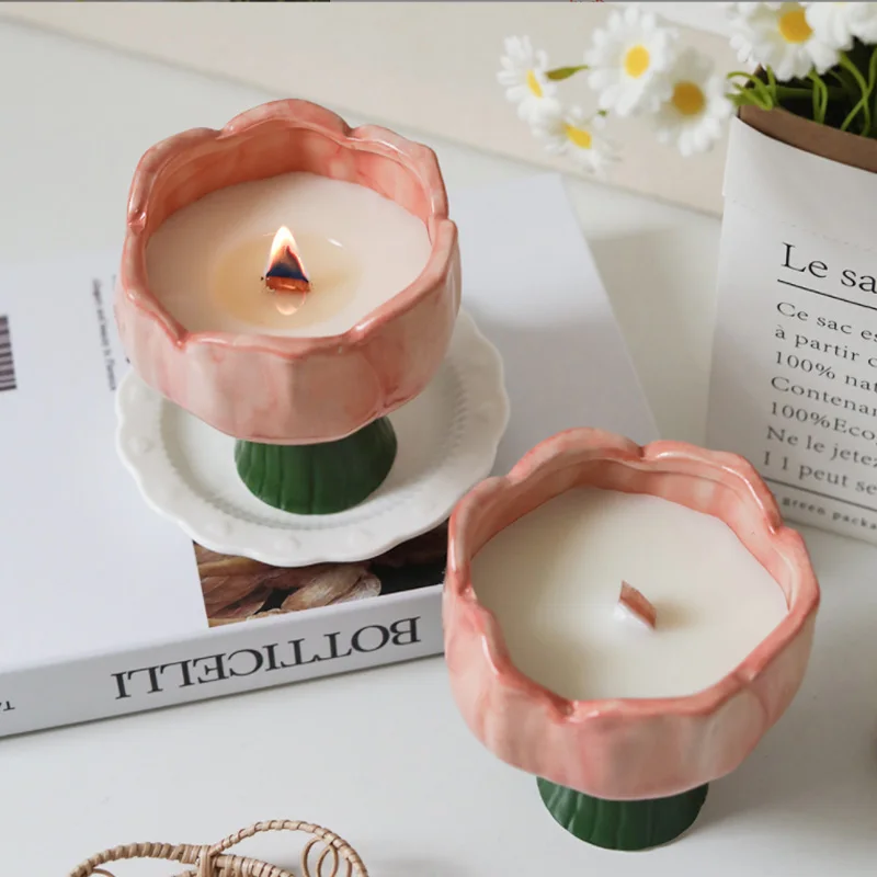 Tulip Flower Cup Candle Container Home Decor Ceramic Mugs Hand-kneaded Candle Jar Scented Aromatherapy Candle Holder