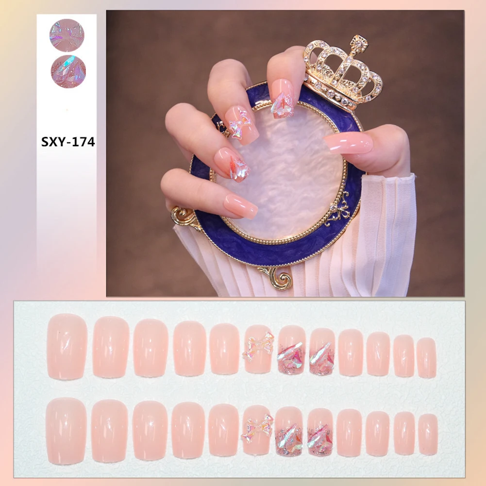 

Новый Блестящий декоративный накладной ноготь с бантом длинное съемное полное покрытие готовый ноготь Сладкая экономия времени с гелем/кл...