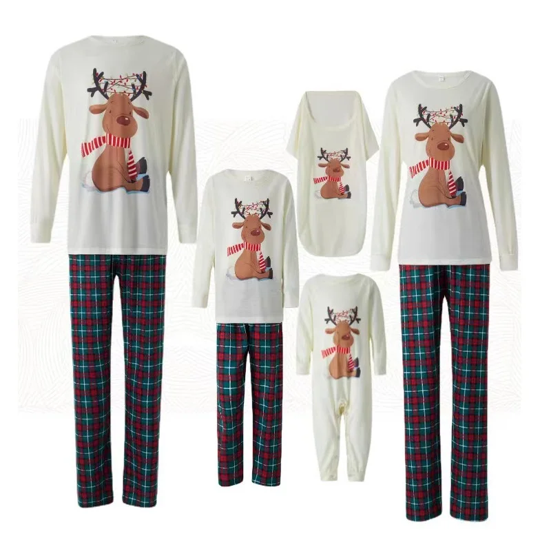 2022 Christmas Deer Family Matching Pajamas Set Plaid Daddy Mommy and Me Xmas Pj's Clothes Couples Kids Baby Dog Pyjamas Outfits