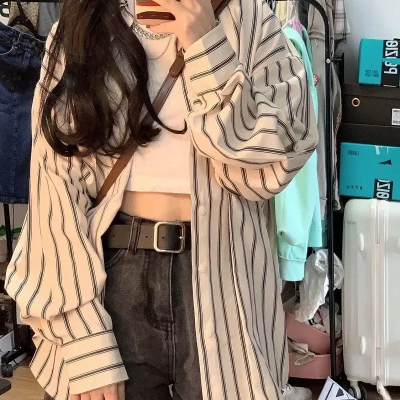 Женская шифоновая блузка с длинным рукавом и полосатым принтом в гонконгском