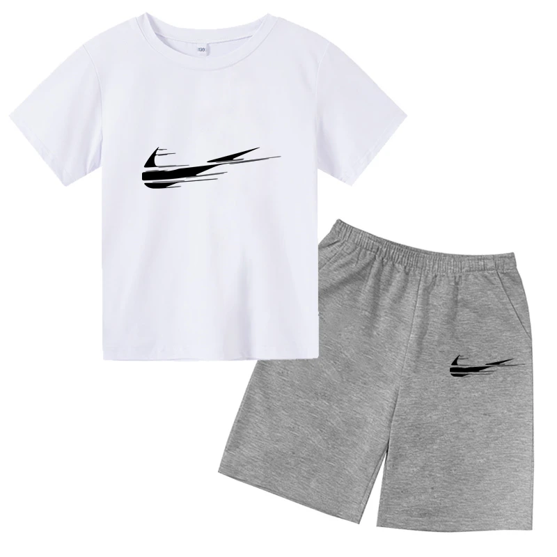 

2022 Summer Sunshine 4-14 Years Old Sports and Leisure T-Shirt + Shorts 2 Piece Suit Printed O-neck Cotton Boy Girl Cute Suit