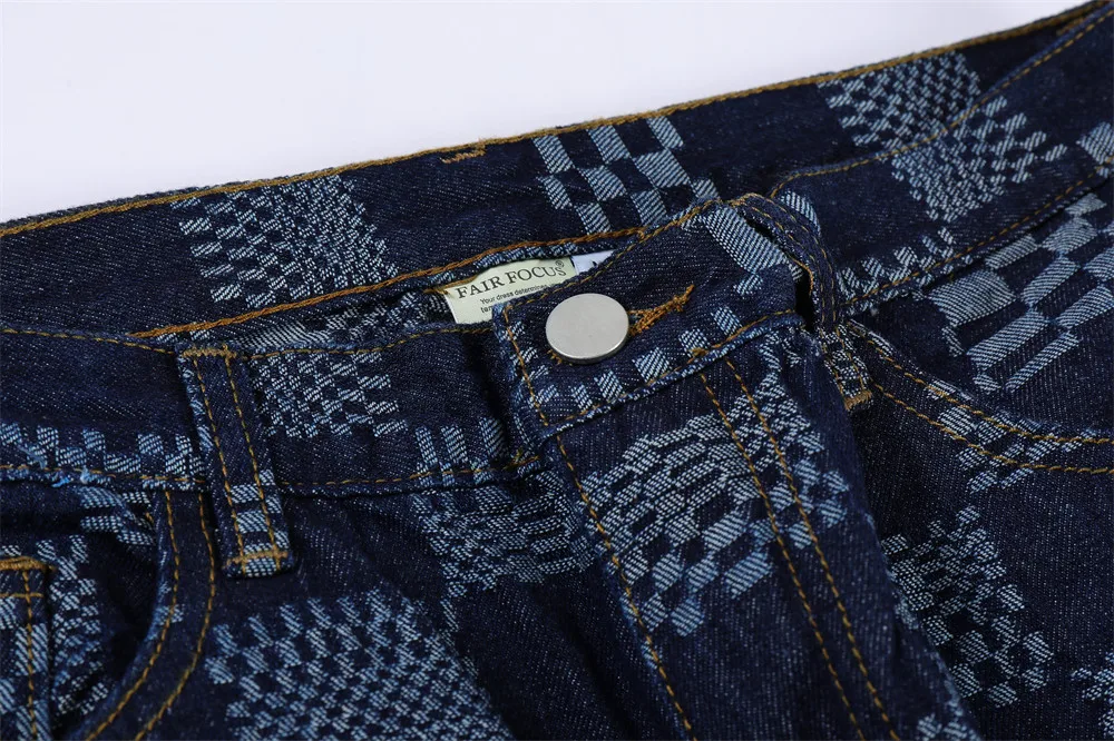 2022 New Spring Autumn Men's Blue Check Print Baggy Jeans Korean Style Streetwear Denim Straight Pants Male Boyfriend Trousers