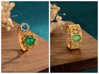 24k gold plated palace style design inlaid chalcedony ring chinese style elegant ancient law adjustable ring temperament jewelry