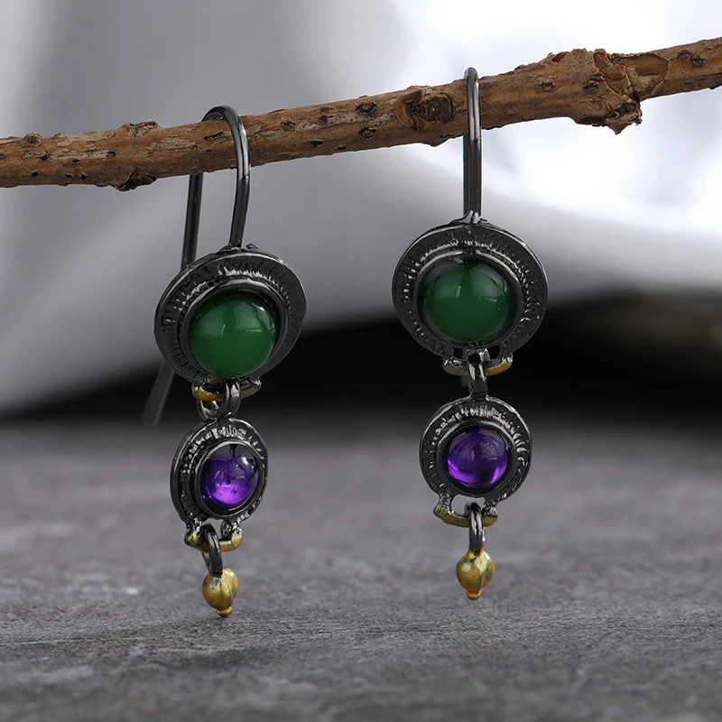 

Vintage Jewelry Green Stone Hook Earrings Round Green Purple Stone Girls Bohemian Tribal Women Wedding Engagement Earrings
