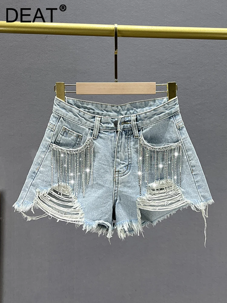 

DEAT Women's Denim Shorts Distressed Diamonds Tassel Loose Wide Leg High Waist Luxury Short Pants 2023 Summer Streetwear 29L1775