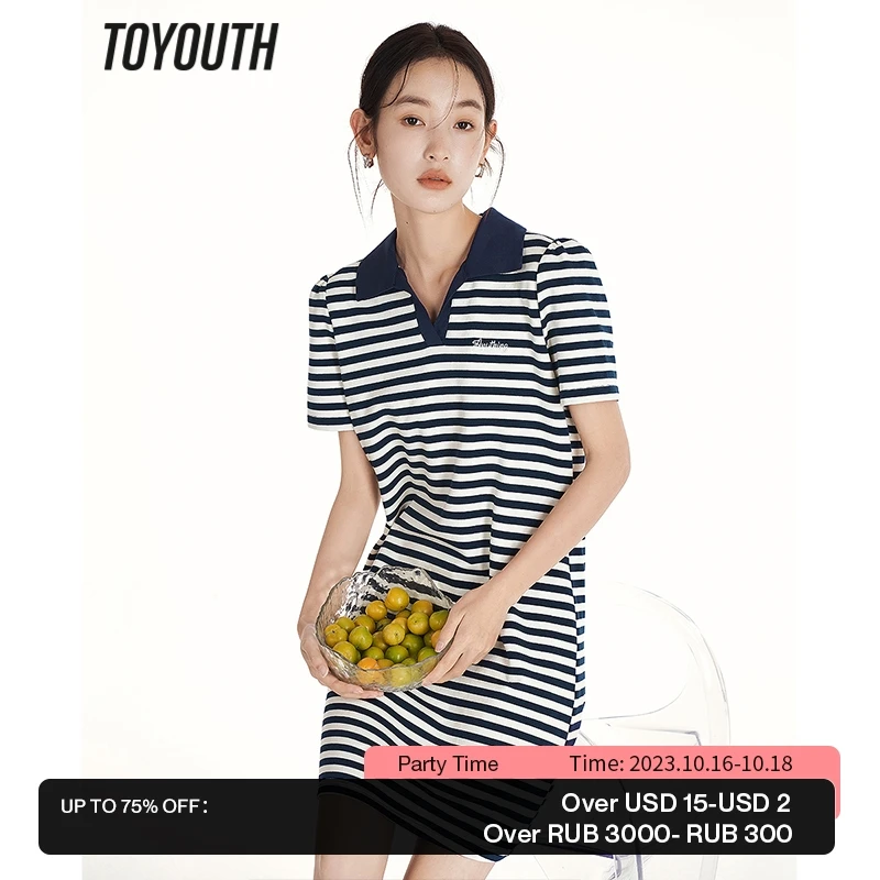 

Toyouth Women Dress 2023 Summer Short Sleeve Polo V Neck Loose Classic Contrast Blue and White Stripes Casual Versatile Skirt