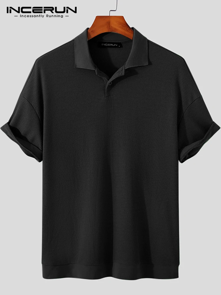 Casual Simple Style New Men Tops INCERUN Handsome Male Hot Sale Short Sleeve Shirts Solid Color V-neck Lapel Collar Blouse S-5XL