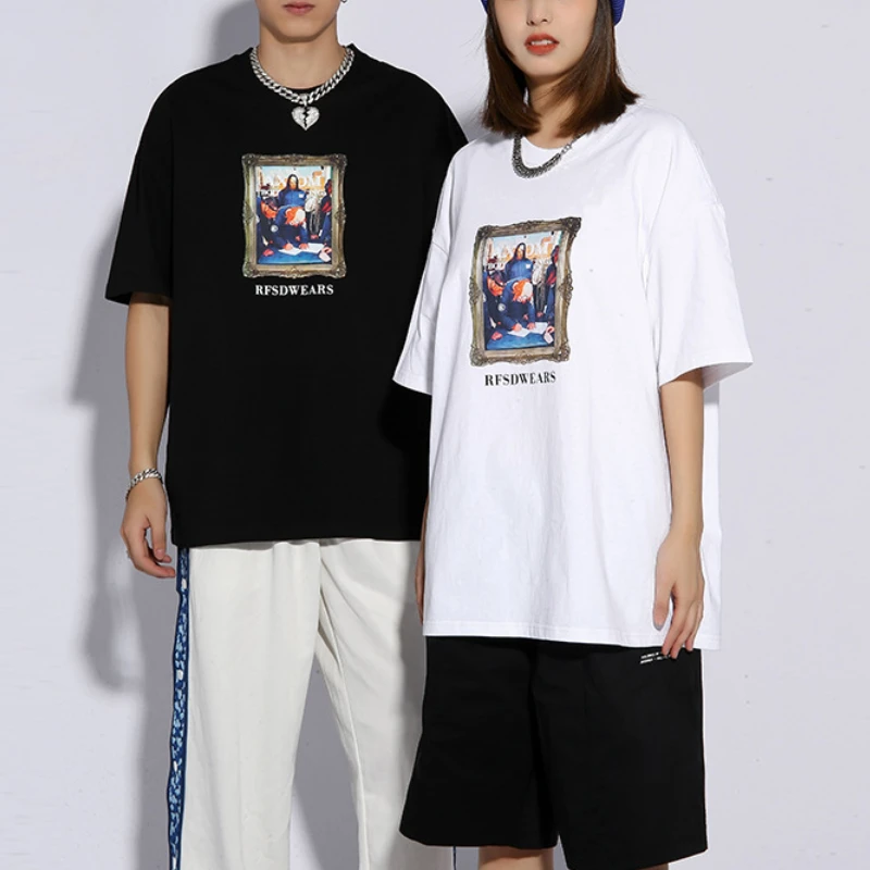 

Футболка мужская уличная свободная с принтом масляной живописи, хлопковая рубашка с круглым вырезом и коротким рукавом, со стразами