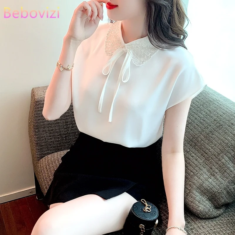 

Doll Collar White Blouse Women's Summer Fashion Casual Short Sleeve Mulberry Silk Shirt Top
