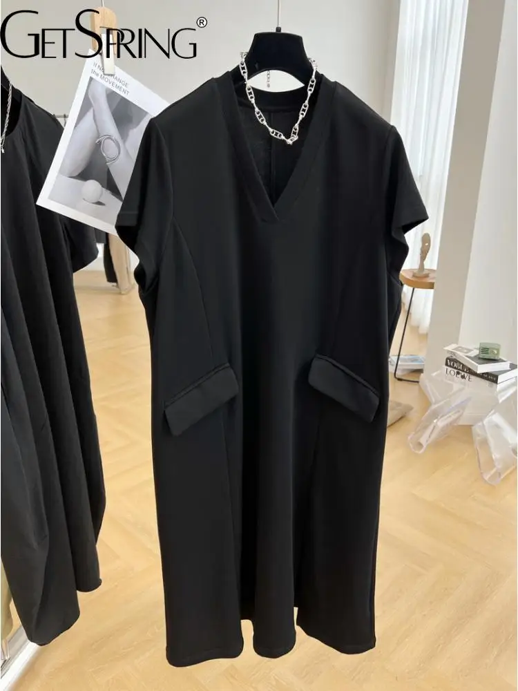 

GetSpring Women Dress V Neck Short Sleeve Summer T Shirt Dress Loose Leisure Long Fashion Black Dresses High Quality 2022 New