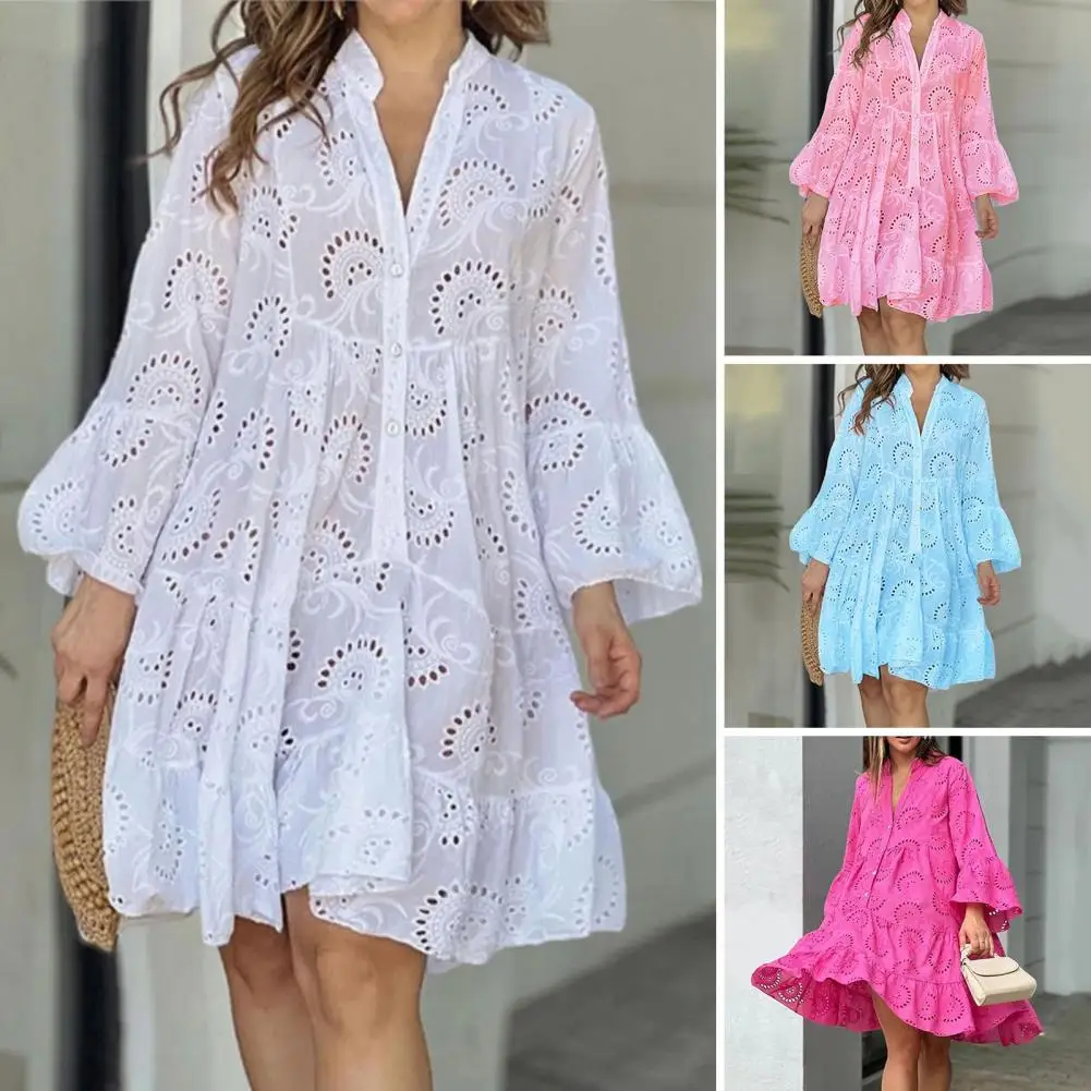 

Women's Summer Vintage Lace Dress Loose Embroidered Hollow Out Breathable Comfortable Elegant Mini Dress Lady Supply