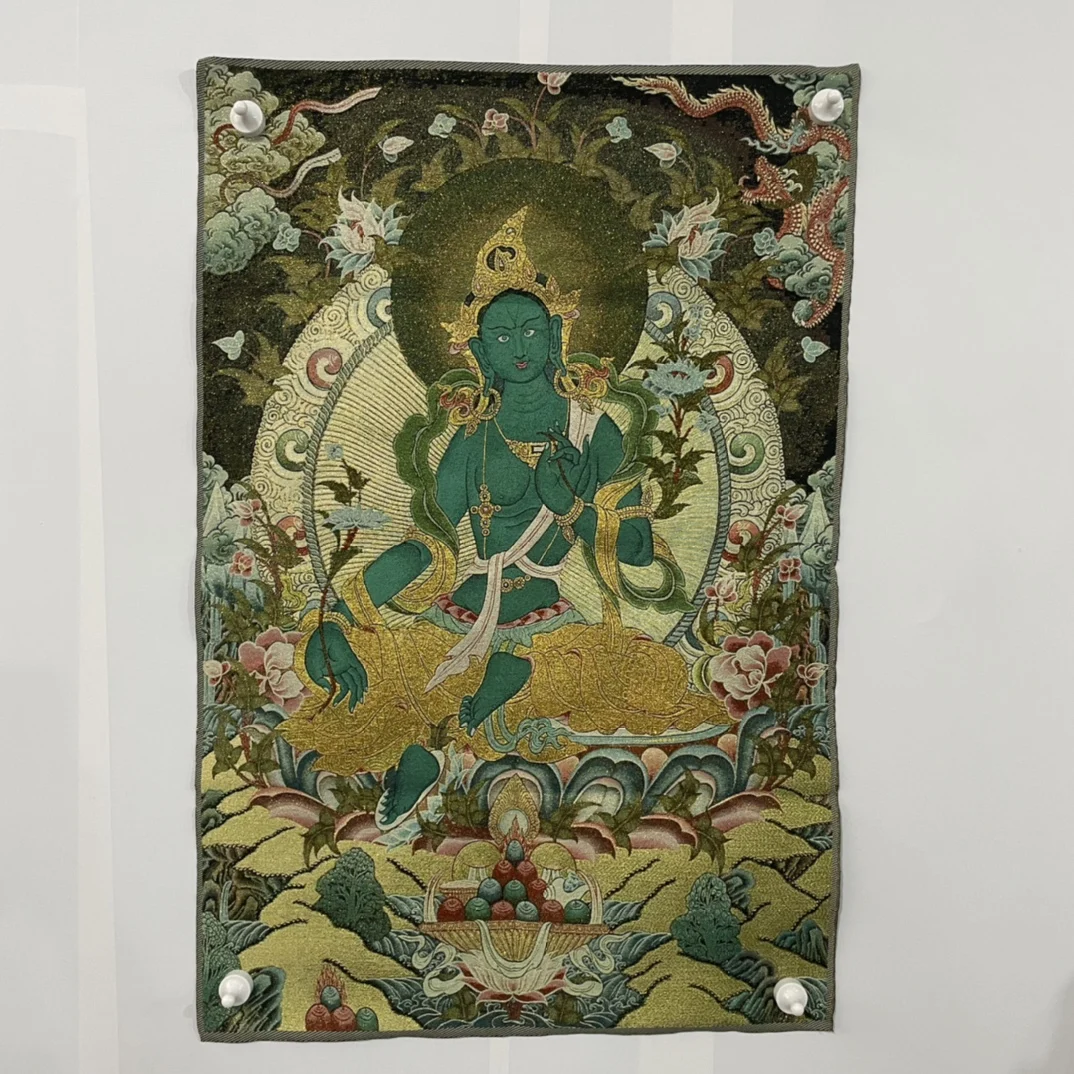 

35"Thangka Embroidery Tibetan Buddhism silk embroidery Green Tara Lotus Platform Sitting Buddha Thangka hanging screen