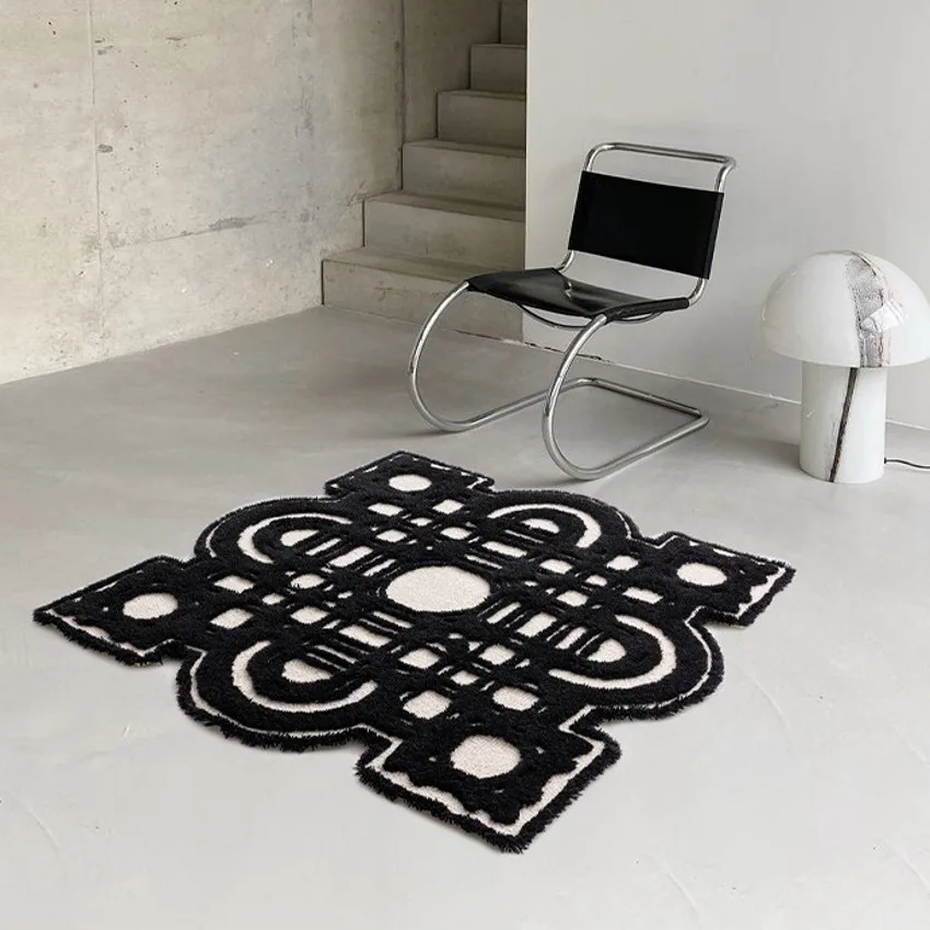 

Modern style Vintage Black and White Lace Wool Blending Area Rug , Big Size Nordic Style Home Decoration Bedside Tufting Carpet