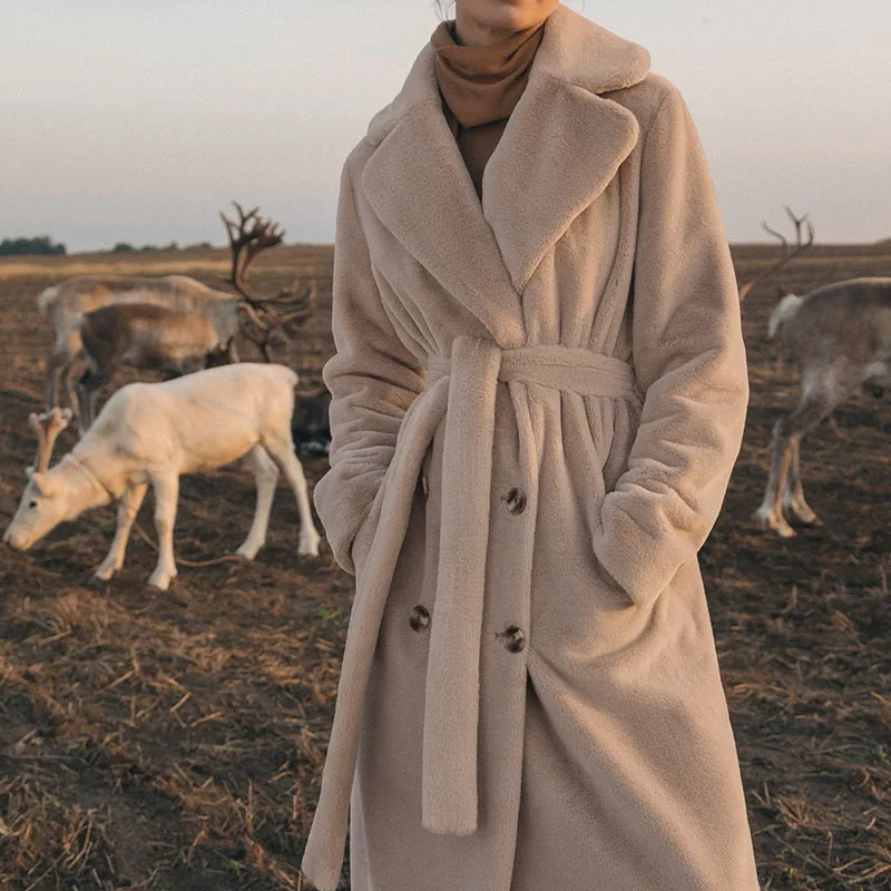 Winter Women High Quality Faux Rabbit Fur Coat Luxury Long  Coat Loose Lapel OverCoat Thick Warm Female Plush Coats HAO