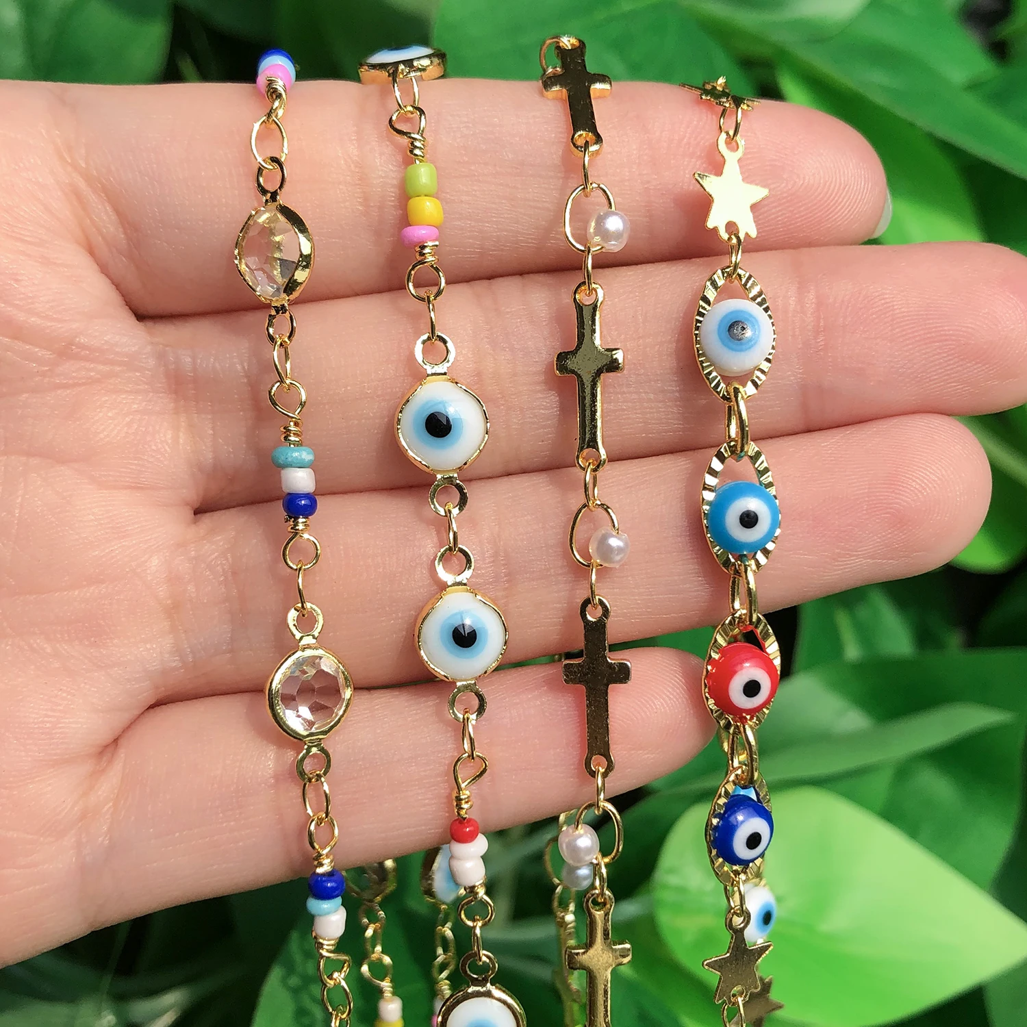 

Fashion 1M Stainless Steel Evil Eye Chain Wire Wrapped Crystal Pearl Gold Color Chain For Jewelry Making DIY Accessories
