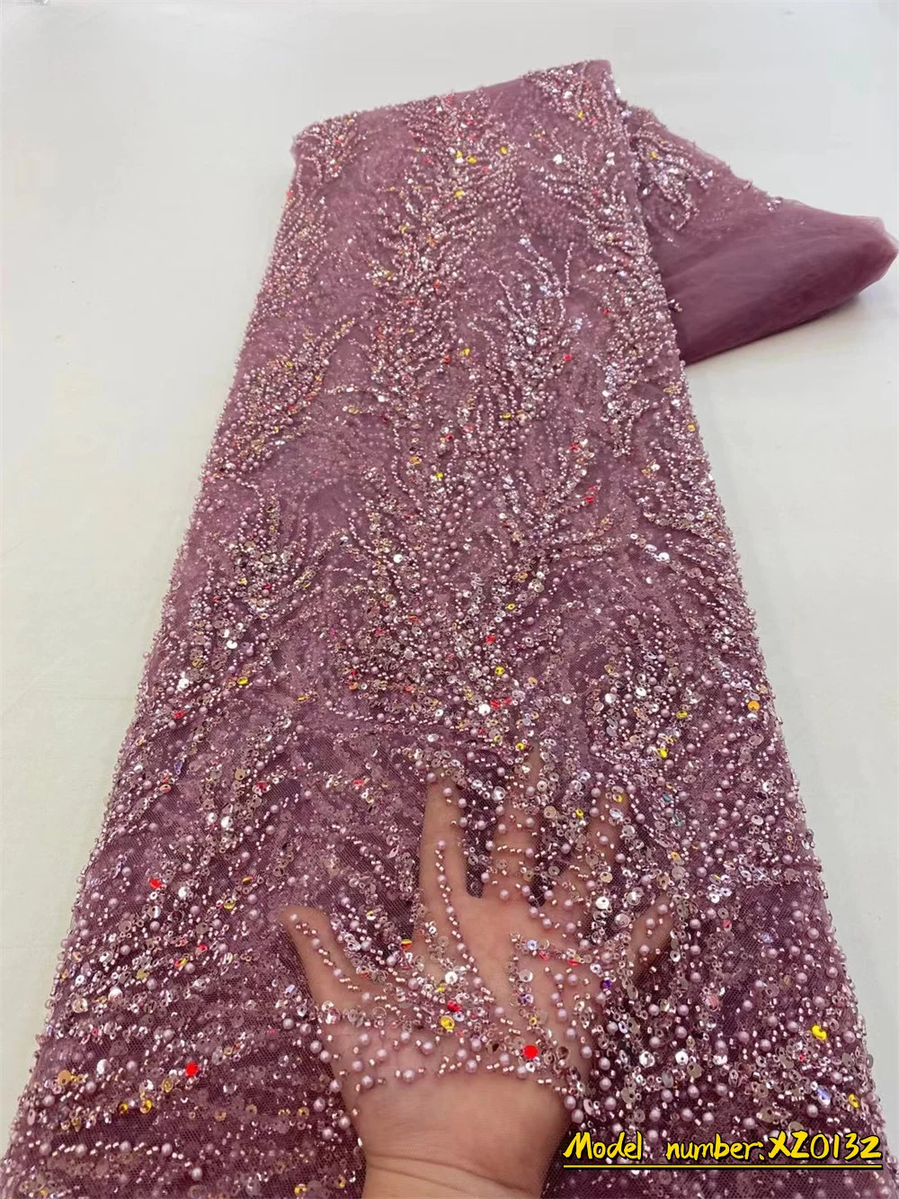 

Latest Nigerian Net Lace With Sequence 2023 Wedding Embroidery Luxury Bridal Pearl Beaded Lace Fabric For Party 5 Yard XZ0132