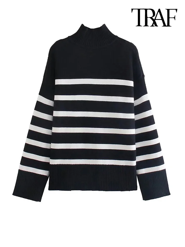 

Женский полосатый вязаный свитер с длинным рукавом и высоким воротником