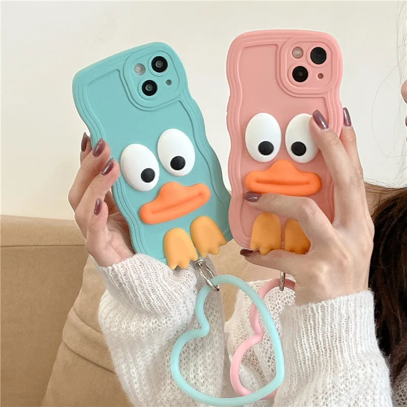 

10pcs Cute Wavy Duck Silicone Women Case with Ring for iPhone 14 13 12 11 Pro Max Plus Mini X XS XR 8 7 Girls Protective Shell